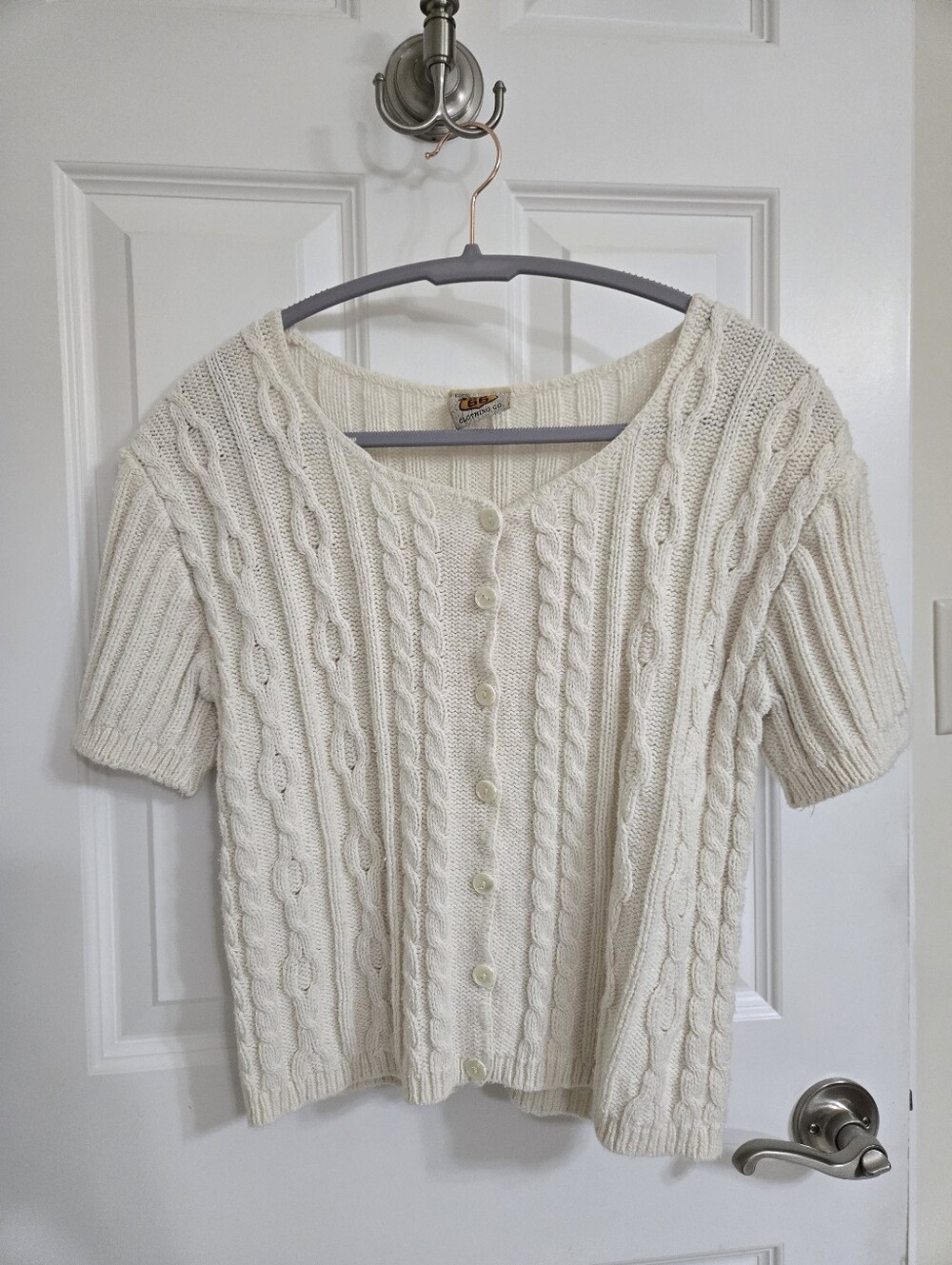Vintage 90s Cream Knit Short Sleeve Sweater Cottagecore Coastal M